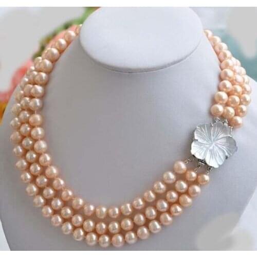 New natural pink freshwater pearl necklace nearly circular 8-9 mm 3 row 20 inches