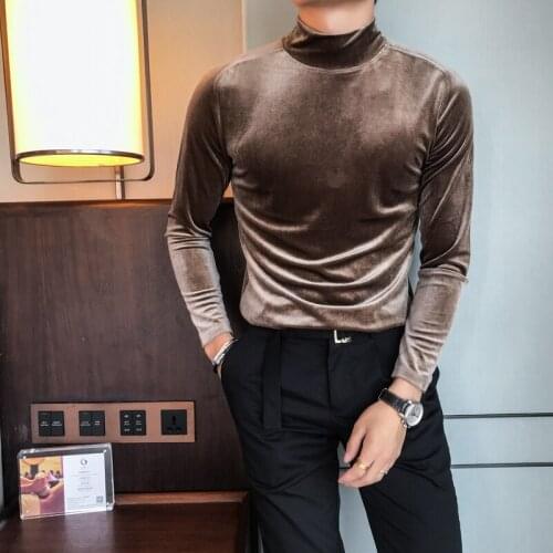 2021 Autumn and Winter Mens Slim Warm Bottoming Shirt High-quality Solid Color Half High Neck T-shirt Mid-neck Elastic Flannel