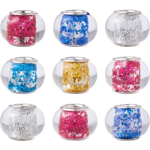 PandaHall 100pcs 14x9mm Handmade Lampwork European Large Hole Loose Glass DIY Beads for Jewelry Making Glitter Powder inside