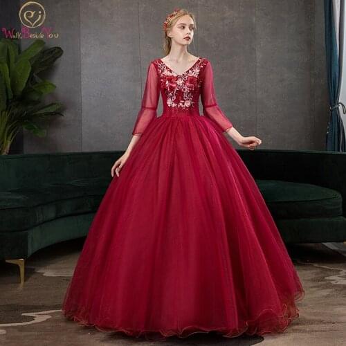 Long Sleeve Quinceanera Dresses 2020 Burgundy Ball Gown V Neck Lace Applique Floral Pearl Tulle Floor Length Muslim Sweet 16