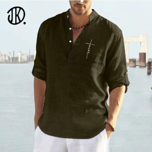 Casual Men Long-sleeve Polo T Shirt Spring/Autumn Loose English Letter Printed T-shirt Male Stand-up Collar Cotton And Linen Top