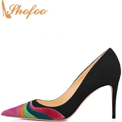 Multicolored High Kitten Heels Pumps Black Purple Ladies Slip On Evening Party Shoes Woman Pointed Toe Large Size 15 16 Shofoo