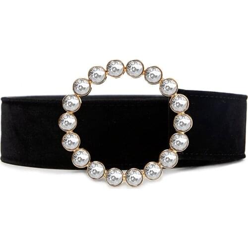 Women Pearls Beading O-Ring Buckle Belts Velvet Wide Belt for Womens Dress new Fashion Accessories black leather luxury brand