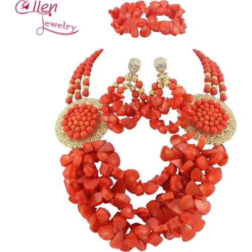 Luxury Nigerian African Wedding Coral Beads Jewelry Set Orange Coral Jewelry Set Necklace Bracelet Earrings Sets TL1348