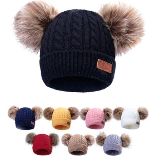 Two fur ball hats beanie hats children hats girls hats fake ball pompoms to keep warm winter knitted skulls and child bones