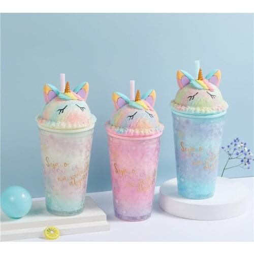 Cute Water Bottle Unicorn Plastic Water Bottle With Straw Korean Style Cute Summer Cool Broken Ice Cup for Milk Coffee Tea Cup