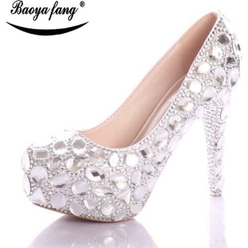 Luxury silver crystal Bride Wedding shoes women super High shoes Rhinestone platform shoes Plus size 34-46 woman big size shoes