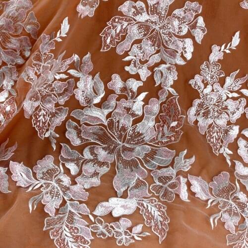 High quality Off white mixed pink with sequins embroidery on mesh lace fabric wedding/evening dress lace fabric 130cm by yard
