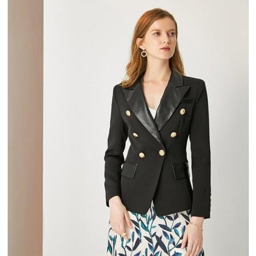 Glamoda autumn winter PU leather collar long sleeve double breasted black jacket elegant OL work outfit