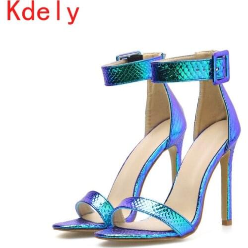 2021 Summer Silver Blue Serpentine Peep Toe High Heel Women Sandals Sexy Buckle Strap Ankle-wrap Ladies Sandals Club Shoes