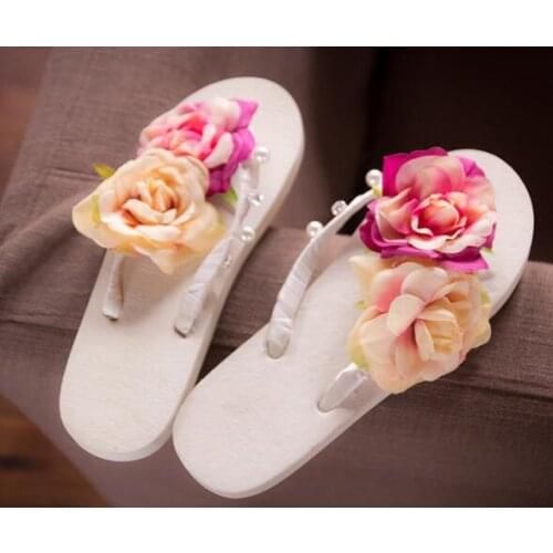Female sand beach in the summer of manual super fairy pearl rose clip toe flip-flops stuffies flat shoes