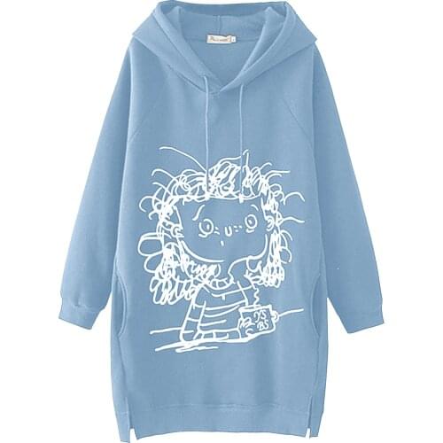 Women Long Hoodie Sweatshirt Pullover Cartoon Print Long Sleeve Splited Pockets Sweatshirt Hoody Pullovers Dress Sudadera Mujer