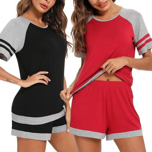 Women Two-piece Nightwear Set, Short Sleeve Round Collar Tops and Shorts, Black/ Red New Style 2021
