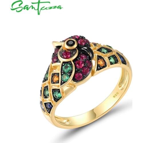 SANTUZZA 925 Sterling Silver Rings For Women Colorful Stones Gold Color Parrot Ring Bird Animals Trendy Fine Jewelry Handmade