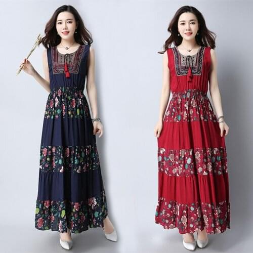 Women Dresses New National wind Summer Women Dress Sleeveless embroidery One hundred wrinkle dress Women Casual Dress Large