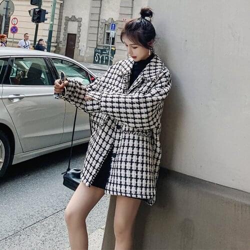 Womens Woollen Overcoat Winter Houndstooth Jacket Korean Version Custom Made Houndstooth Woolen Coat Suit Thick And Loose