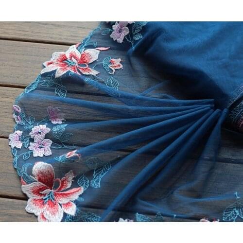 2 Yards Lace Trim White Red Floral Embroidered Dark Blue Tulle Lace 7.87 Inches Wide