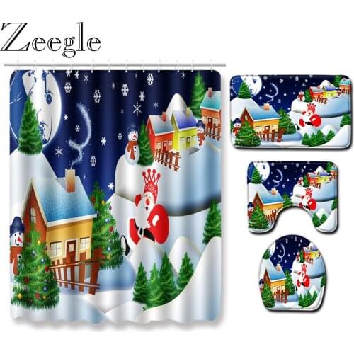 4PCS Merry Christmas Waterproof Bathroom Shower Curtain Set Non-Slip Bath Rug Lid Toilet Cover Bath Mat Soft Bathroom Carpet Set