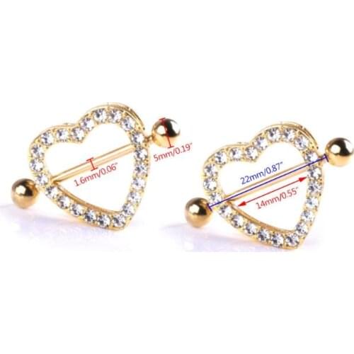97QE 1pc Nipple Piercing Double Layer Sexy Women Breast Lady Heart Shaped Rhinestone Shiny Luxury Fashion Jewelry Gold Barbell