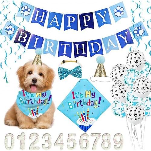 Dog Bandana Hat Set Triangle Scarf Shining Puppy Cute Bow Tie Neckerchief Collar Happy Birthday Banner 0-9 Numbers Paw Print Bal