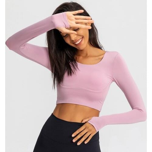 CHIC Back Sport Yoga Gym Long Sleeve Crop Tops Women Sexy Fitness Dance Workout Long Sleeved Top with Thumb Holes S-XL