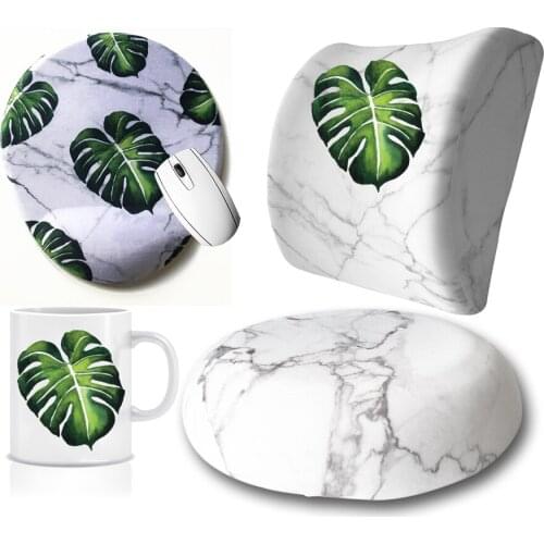 Custog Memory Foam Visco For Office Chair Waist Support Pillow & Seating Cushion & Mouse Pad & Mug Set Of 4 White Marble Leaf