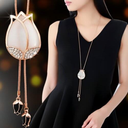 Elegant Opal Flower Tassel Long Necklace Women Bijoux White And Pink New Fashion Jewelry Cute Gift