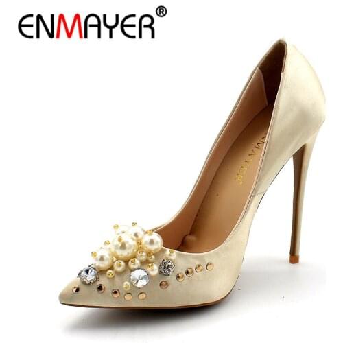 ENMAYER Basic Pumps for Women Pearl Charming Super High Heels Slip On Luxury Champagne Black Shoes Elegant Big Size 34-43
