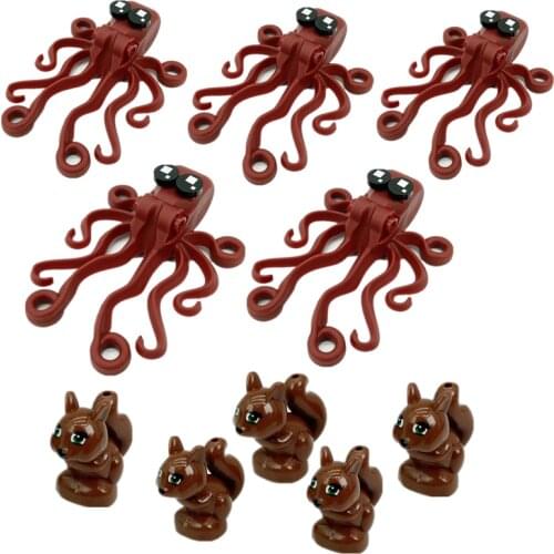 5PCS MOC Octopus Animal Building Blocks Pet Pigs Chicken Dog Squirrel Bricks Parts City Accessories DIY Educational Toys Hobbies
