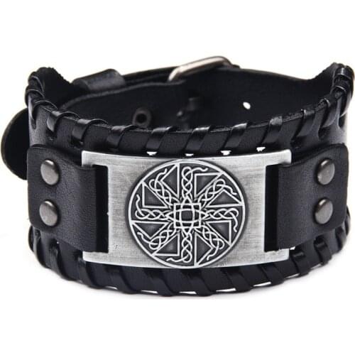 Toten Design Nordic Viking Odin Irish Knot Bangle Mens Hand Woven Wide Leather Wristband Adjustable Bracelet Punk Jewelry