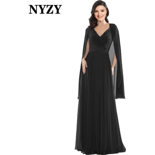 NYZY M401C Elegant Cape Sleeves Chiffon Black Mother of the Bride Dresses 2022 Wedding Party Dress Prom Evening Gowns