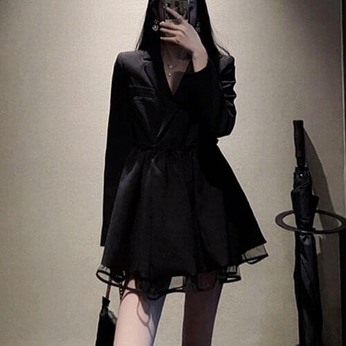 Summer New Korean Sexy Woman Harajuku Street Girl Punk Style Notched Uniform Dress Elegant Offiec Lady Mesh Patchwork Suit Dress