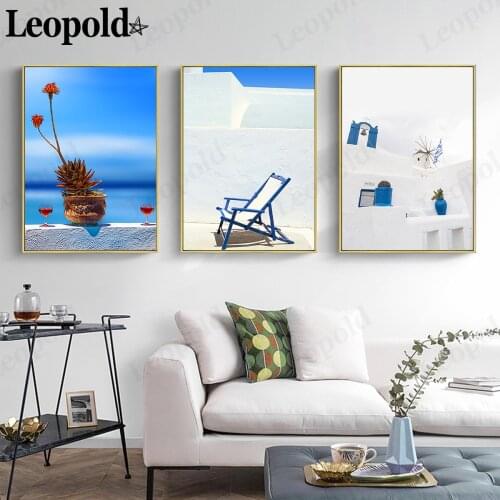 Simple Blue Plant Canvas Painting White Mediterranean Style Architectural Poster Wall Art Modern Living Room Home Decoration