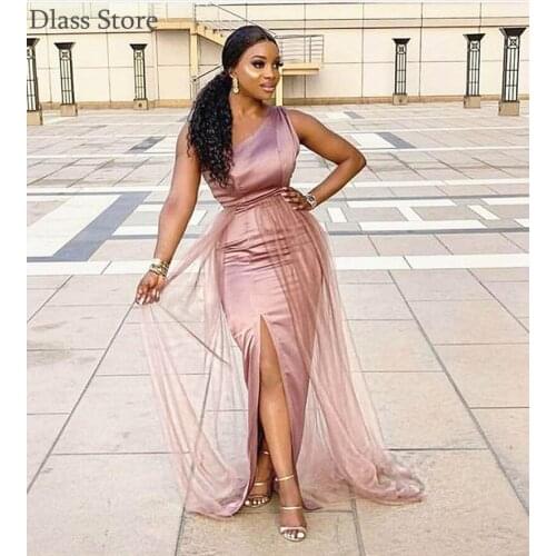 Dusty Pink Prom Dresses Simple One Shoulder Tight Split Floor Length Sleeveless Elegant Evening Dresses платья знаменитостей