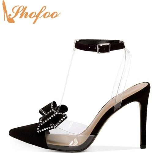 Black Crystal High Heels Stilettos Sandals Woman Pointed Toe T-Strap Big Size 12 15 Ladies Fashion Butterfly-Knot Shoes Shofoo