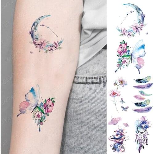 Waterproof Temporary Tattoo Sticker Butterfly Moon Watercolor Flash Tatoo Feather Dreamcatcher Fake Tatto For Body Art Women Men