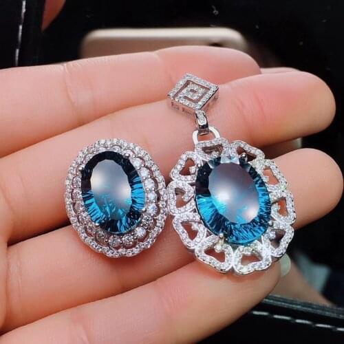 Natural blue topaz stone jewelry sets natural gemstone ring Pendant S925 silver Luxurious big flower woman party gift jewelry