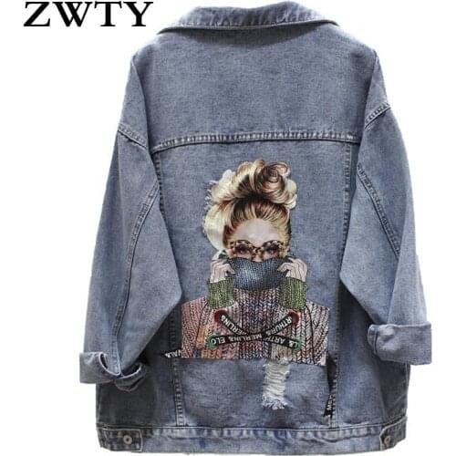 ZWTY Women Denim Jacket Fashion Streetwear Letter Stylish 2021 Chic Printed Ripped Holes Jean Patchwork BF Style Jeans Female Co