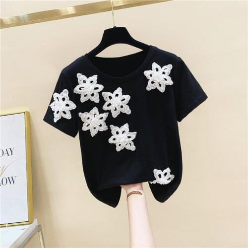 Three dimensional flower stitching loose short sleeve T-shirt womens top 2021 summer new design feeling T-shirt