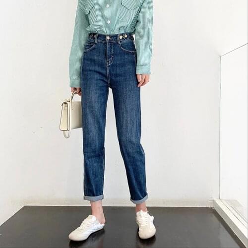 Autumn/winter new style street casual elastic waist multi-button stretch jeans women, solid color slim jeans women