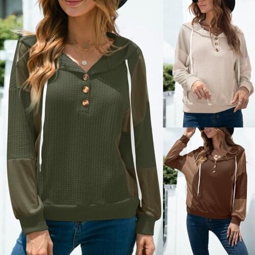 Women Long Sleeve Pullover Sweatshirt Hooded Splicing Buttons Casual Top New Blouse Solid Color Lovely Girl All-match Sweatshirt