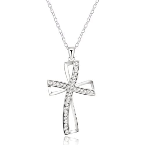 925 Sterling Silver 18 Inches Cross AAA Zircon Pendant Necklace For Women Fashion Wedding Party Charm Jewelry