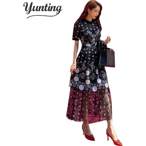 Sexy Women Floral Embroidery Long Dress Mesh Vintage A-line Dresses See-through Black 2020 Elegant Vestidos