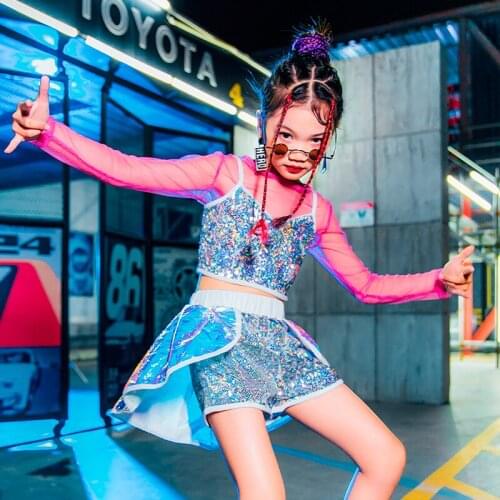Modern Hip Hop Stage Performance Costumes Kids Long Sleeve Mesh Tops Sequin Vest Shorts Girls Jazz Street Dance Clothing DQL5542