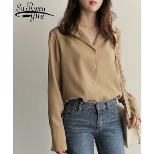 2021 Fashion Women Blouses Solid White Chiffon Blouse Office Shirt Long Sleeve Women Shirts Clothes V-Neck OL Style 9379 50