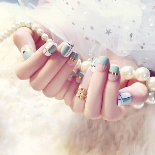 24 pcs Blue White Transparent Fake Nails With Metallic Strip Rivet Designs Short Square False Nail Tips With Glue Sticker