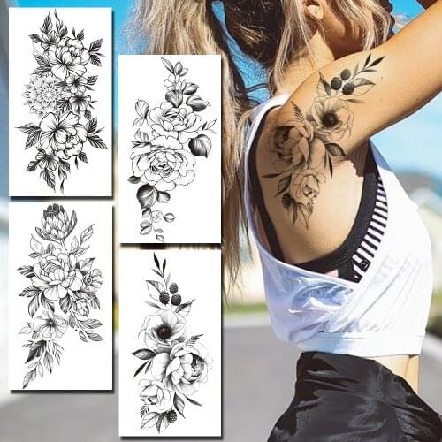 Camellia Flower Temprorary Tattoo For Women Spring Black Leaves Fake Tattoos Sticker Clavicle Shoulder Waterproof Tatoo Painting