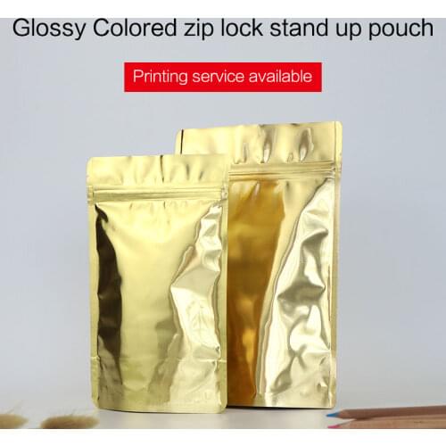 Glossy gold stand up pouch with zipper aluminum foil zip lock bag tea coffee bean food packaging bags custom printing available