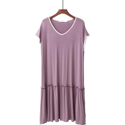 Stitching Modal Loose Sleepwear Nightgowns For Women Short Sleeve V Neck Summer Nightshirt Female Sweet Ruffle Night Dress