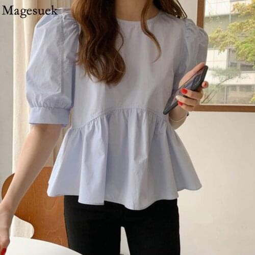 Korean Fashion Fluffy Ruffle Blouse Women Sweet O Neck Simple Loose All-match Tops Vintage Puff Sleeve Temperament Shirts 15518